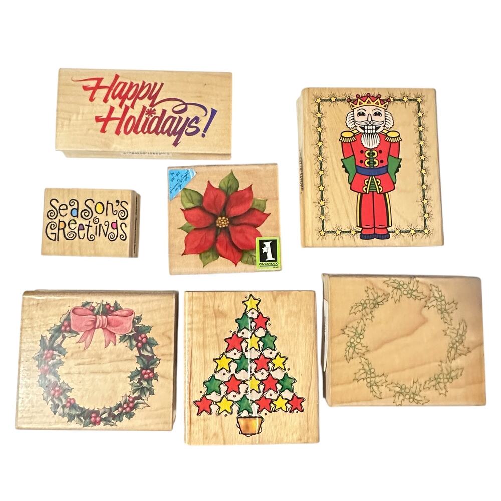 Christmas 7 Stamp Lot Holidays Wood Mounted Rubber Nutcracker Tree‎ Wreath
